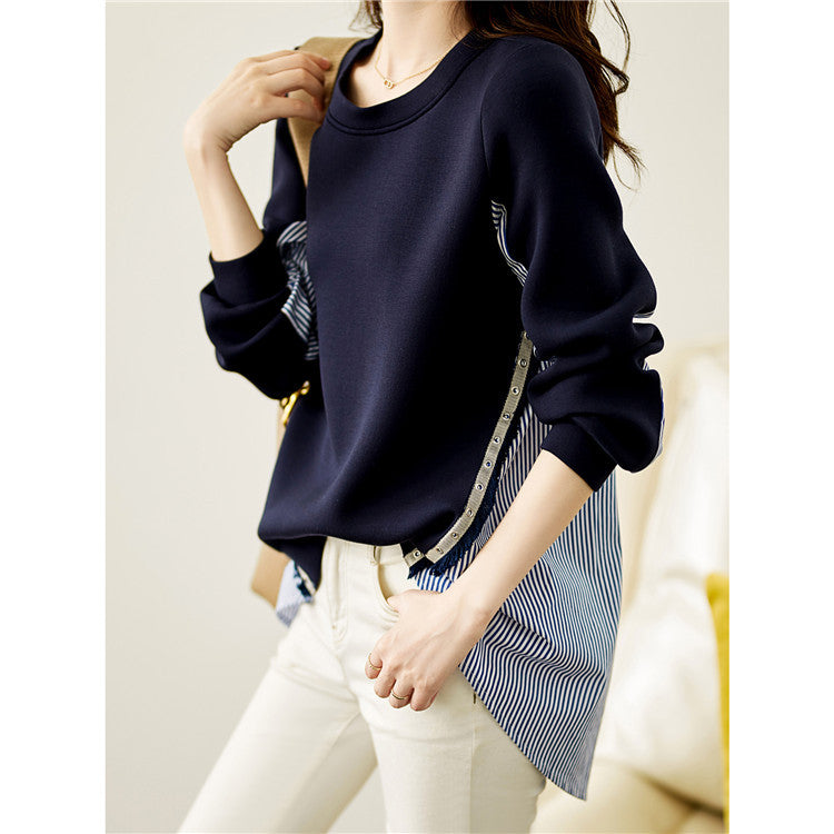 Damen nan Lagenlook-Sweatshirt mit gestreiftem Hemdsaum, Zierriegeln und verlängertem Rückteil EB