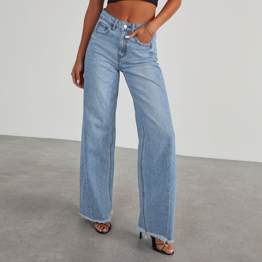 Damen Hochtaillierte Mom-Jeans im klassischen Schnitt mit ausgefranstem Saum EB