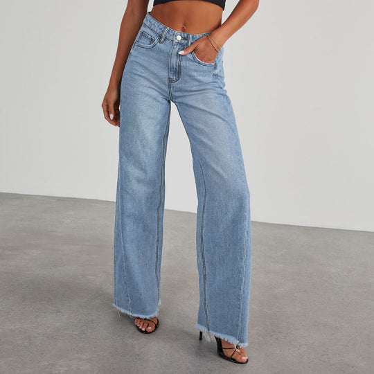 Damen Hochtaillierte Mom-Jeans im klassischen Schnitt mit ausgefranstem Saum EB