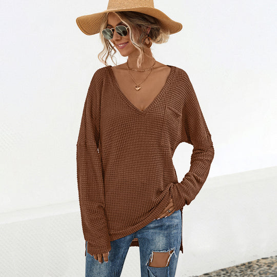 Damen lässiges Langarmshirt mit V-Ausschnitt und praktischer Brusttasche EB