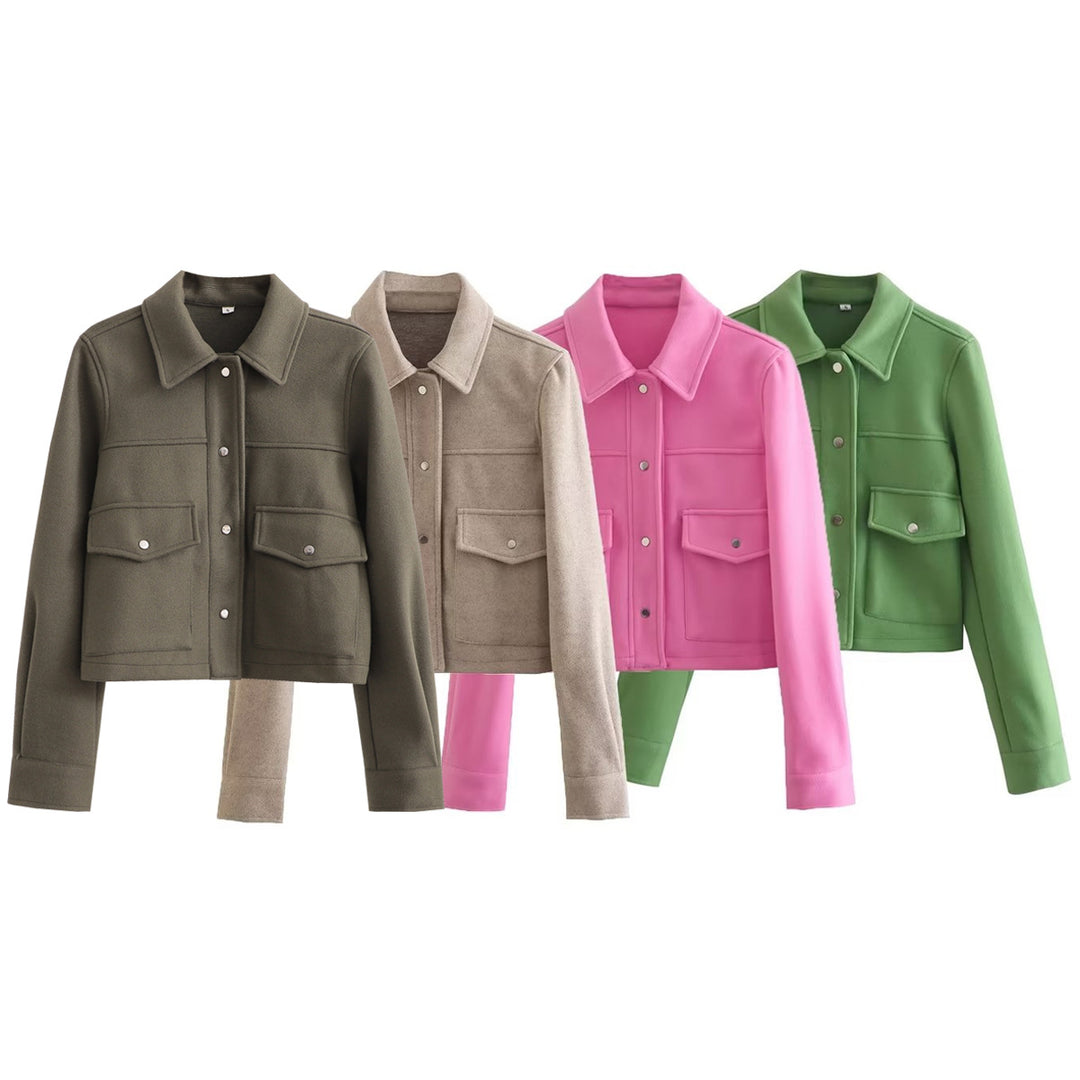 Damen Kurz geschnittene Wolloptik-Jacke mit Pattentaschen und Druckknöpfen EB