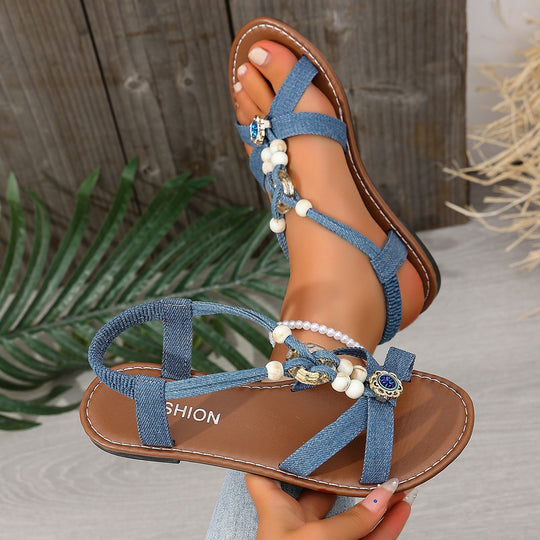 Damen Sandalen mit dekorativen Perlen und modischen Schnürdetails EB