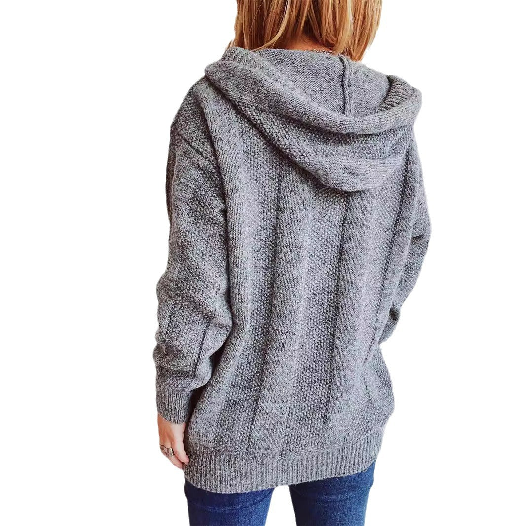 Damen lockerer Strickpullover mit Kapuze und dekorativen Knöpfen EB