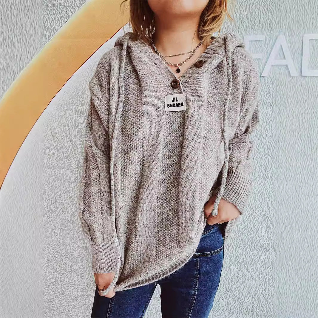 Damen lockerer Strickpullover mit Kapuze und dekorativen Knöpfen EB