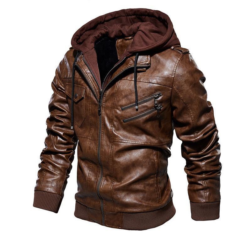 Herren flauschige Kunstlederjacke mit Hoodie EB
