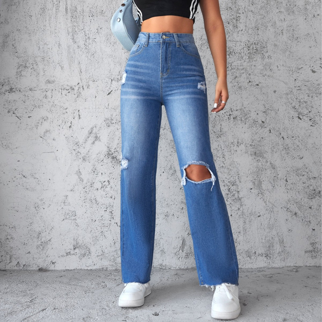 Damen Weit geschnittene Ripped Jeans mit hohem Bund EB