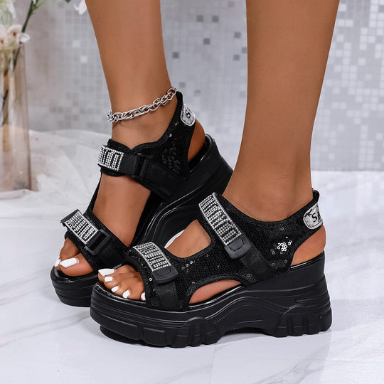 Damen Plateau-Sandalen mit verstellbaren Riemen und modischem Glitzer-Design EB