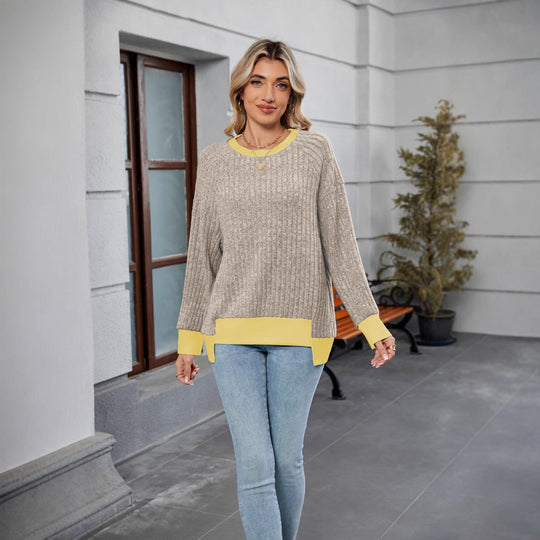 Damen lässiger Pullover mit kontrastierenden Ärmelabschlüssen und einzigartiger Textur EB