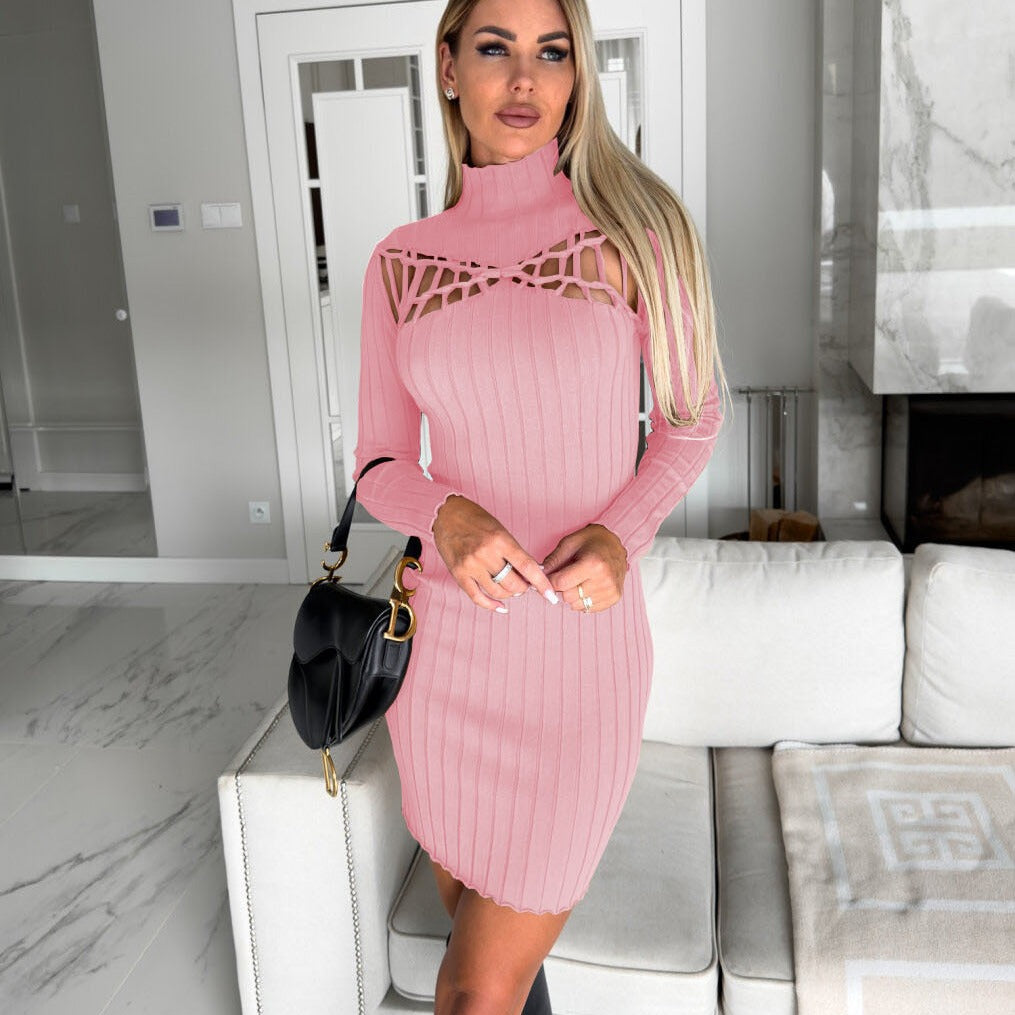 Damen figurbetontes Strickkleid mit Ausschnitt und Langarm EB