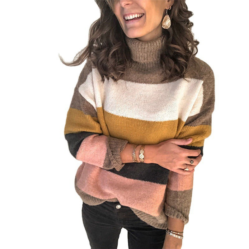 Damen modischer Strickpullover mit lässigem Rollkragen und farbiger Blockgestaltung EB