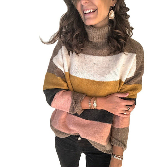 Damen modischer Strickpullover mit lässigem Rollkragen und farbiger Blockgestaltung EB