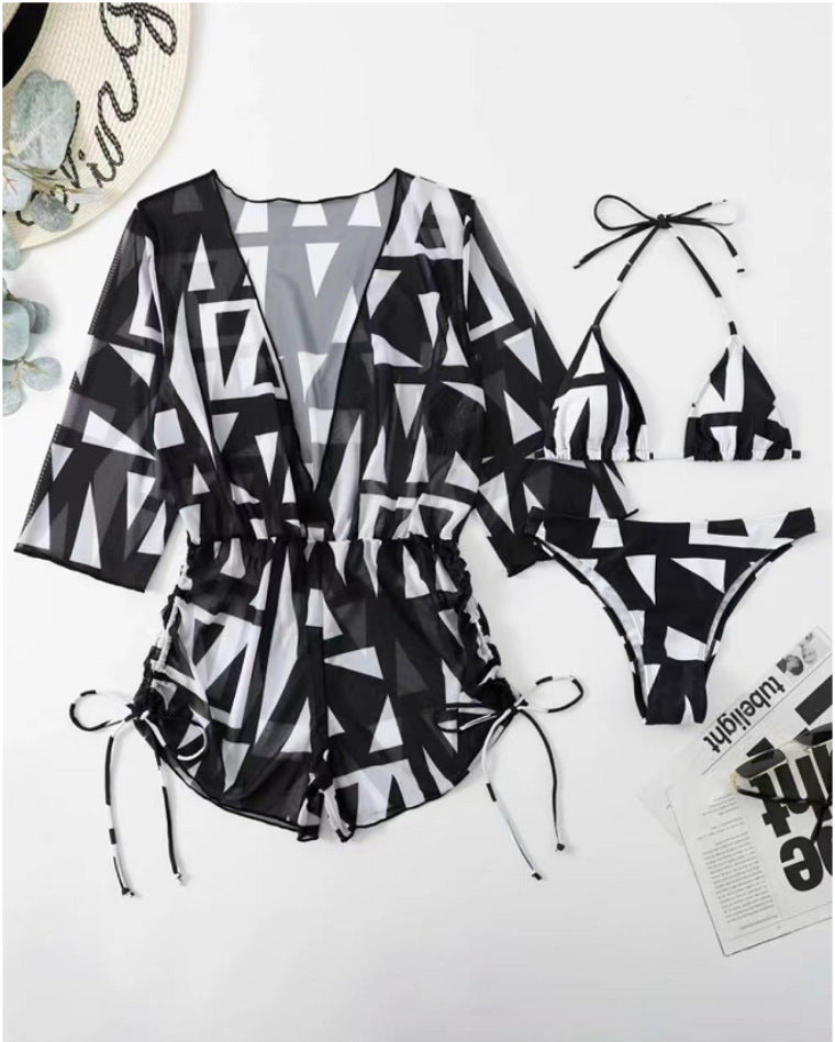 Damen Bikiniset mit transparentem Überwurf und modischem geometrischen Muster EB