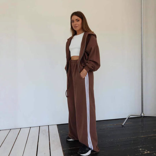 Damen Trendiges Sport-Lounge-Set mit cropped Sweatjacke und weit geschnittenen Jogginghosen EB