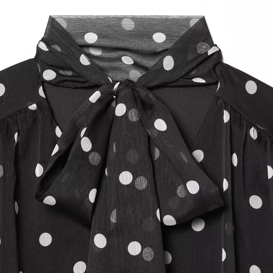 Damen transparente Bluse mit Schleifenkragen im Polka-Dot-Design EB