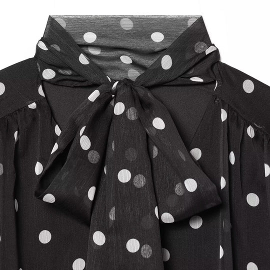 Damen transparente Bluse mit Schleifenkragen im Polka-Dot-Design EB
