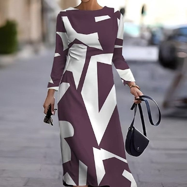 Damen Langarm Kleid mit grafischem Design und elegantem Schnitt EB