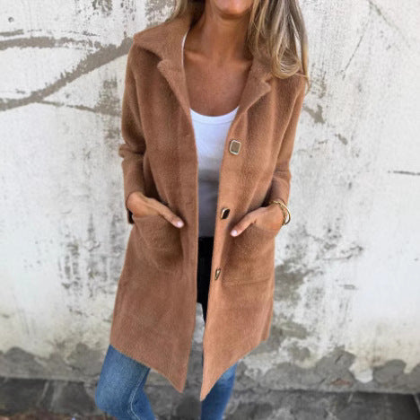 Damen Teddy-Mantel mit Oversize-Kragen, dekorativen Knöpfen und Eingrifftaschen EB