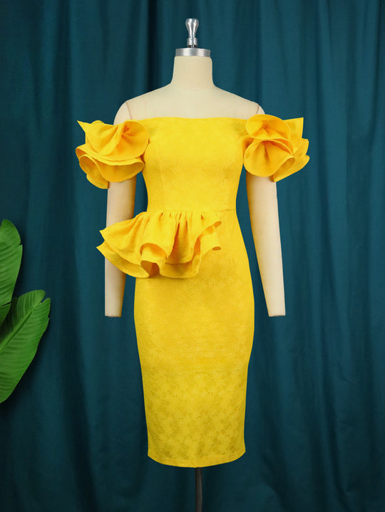 Damen figurbetontes Cocktailkleid mit voluminösen Rüschenärmeln EB