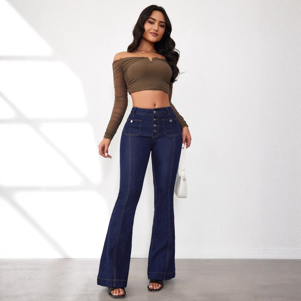 Damen Flared Jeans mit hohem Schnitt und eleganten Knopfdetails EB