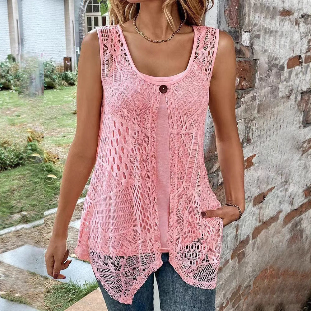 Damen nan gehäkeltes A-Linien-Oberteil mit asymmetrischem Zipfelsaum und integriertem Jersey-Untertop EB