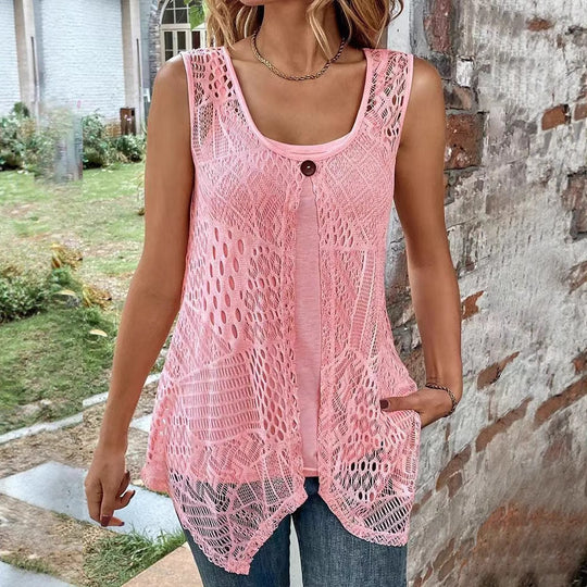 Damen nan gehäkeltes A-Linien-Oberteil mit asymmetrischem Zipfelsaum und integriertem Jersey-Untertop EB