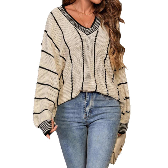 Damen Großer Strickpullover im lässigen Oversized-Stil mit V-Ausschnitt und Streifenmuster EB