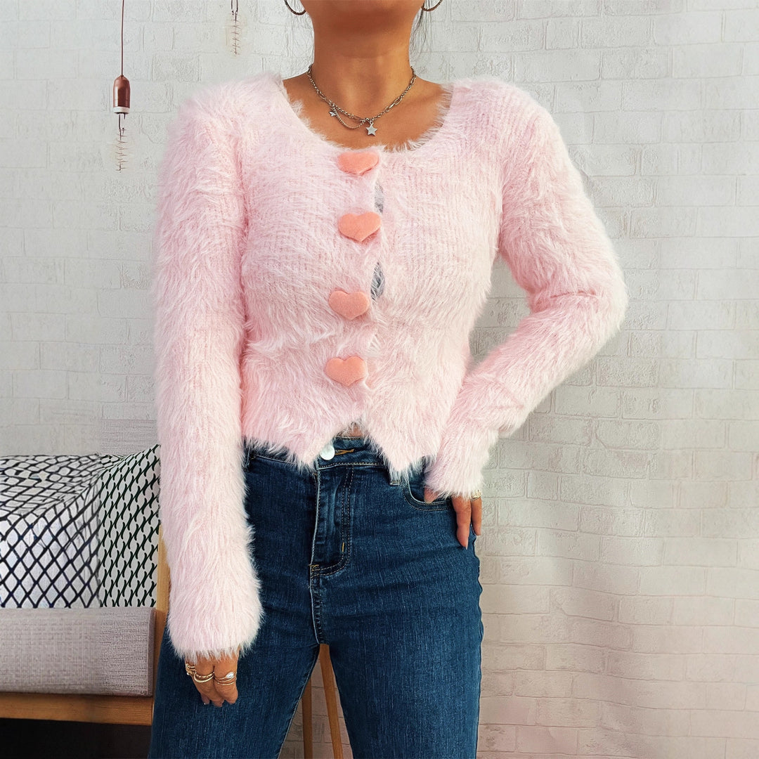 Damen Kuscheliger Strickpullover mit Herzknöpfen EB