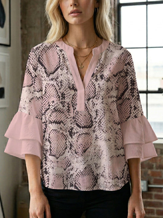 Damen lässige Bluse mit Volantärmeln und botanischem Druck EB
