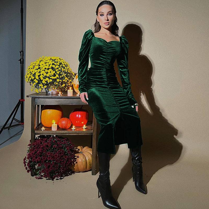 Damen Midikleid mit Puffärmeln und elegantem Taillierungsdesign EB