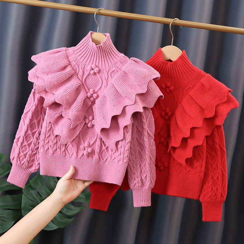 Damen Strickpullover mit Rüschen und Zopfmuster EB