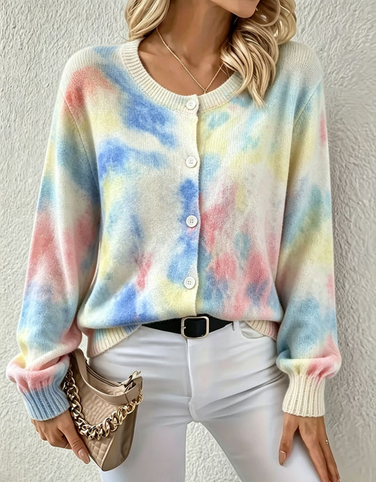 Damen Leichter Jacquard‑Strickcardigan mit Leo‑Print, Rundhalsausschnitt und Knopfleiste EB