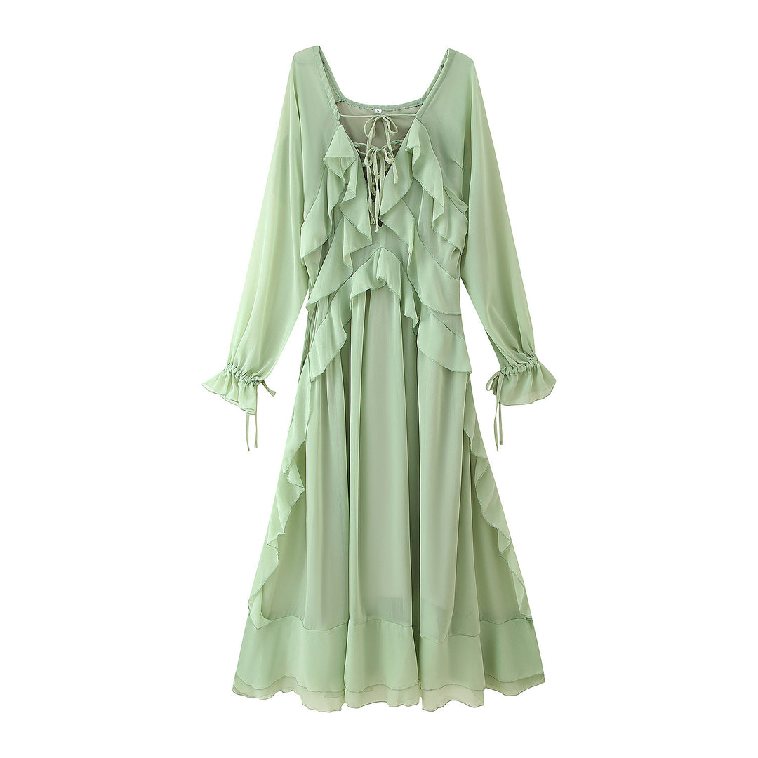 Damen Rüschen-Maxikleid mit eleganten Bindebändern und lässiger Passform EB