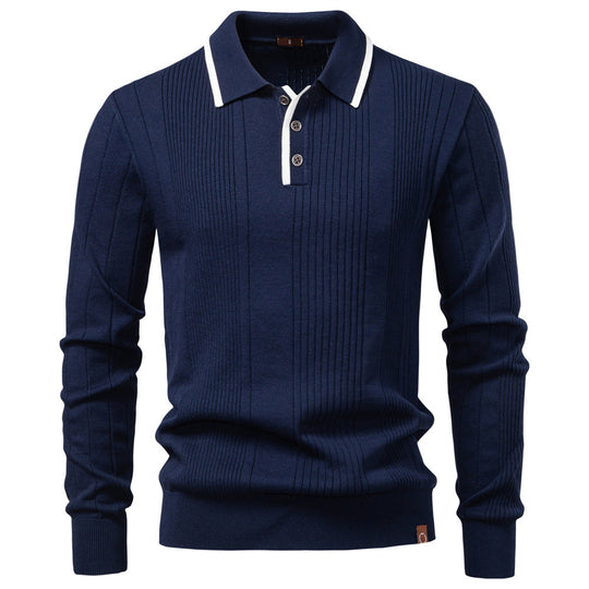 Herren nan langärmeliger Polopullover aus Feinstrick mit vertikalen Rippenintarsien und Kontrastkanten EB