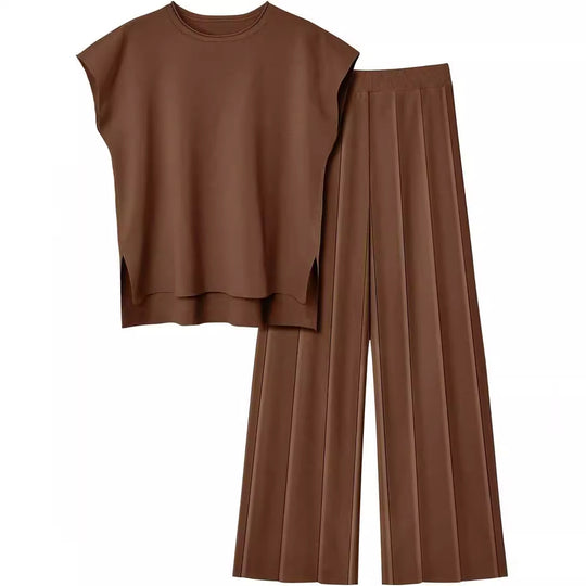 Damen elegantes Set mit kurzärmligem Oberteil und plissierter Hose EB
