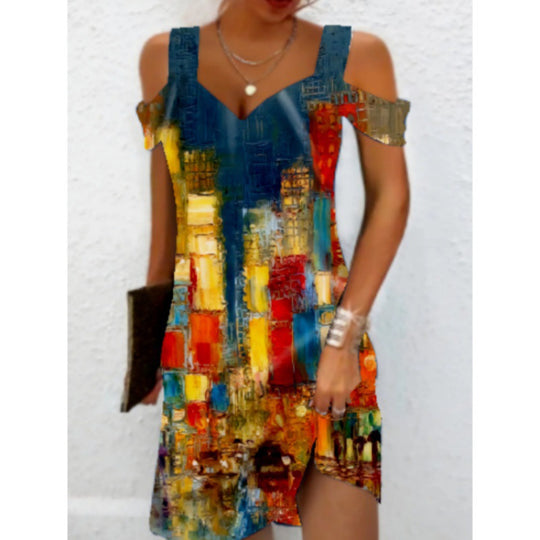 Damen Off-Shoulder Sommerkleid mit schwingendem Saum und aufregendem Spiraldesign EB