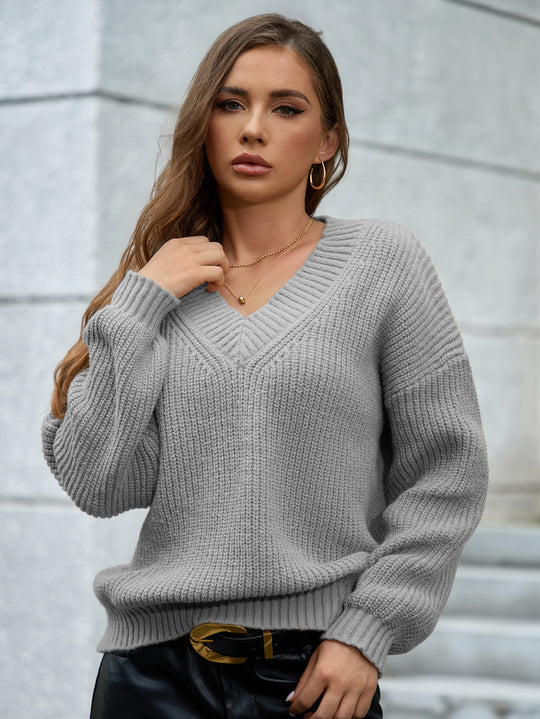 Damen gemütlicher V-Ausschnitt Strickpullover mit lockerem Schnitt und strukturiertem Muster EB