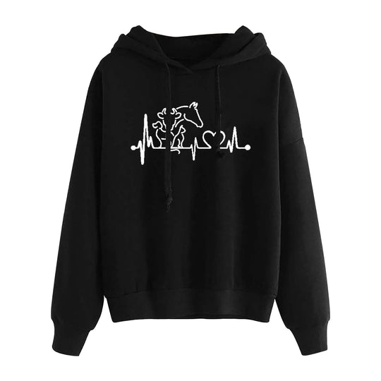 Damen nan leichter Oversize Kapuzenpullover mit Herz‑EKG‑Motiv, langen Kordeln und elastischem Bund EB