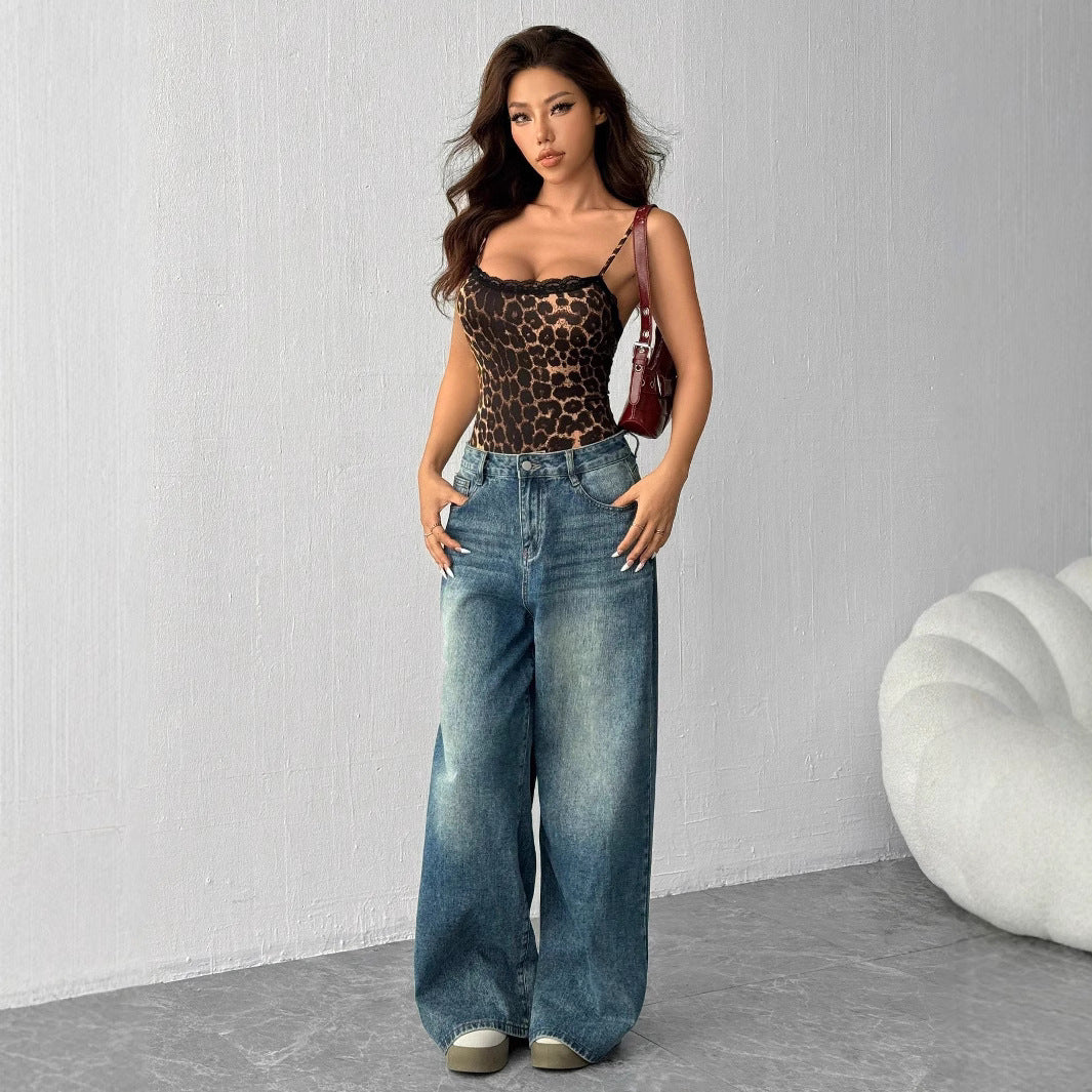 Damen Spitzen-Bodys mit Leopardenmuster EB