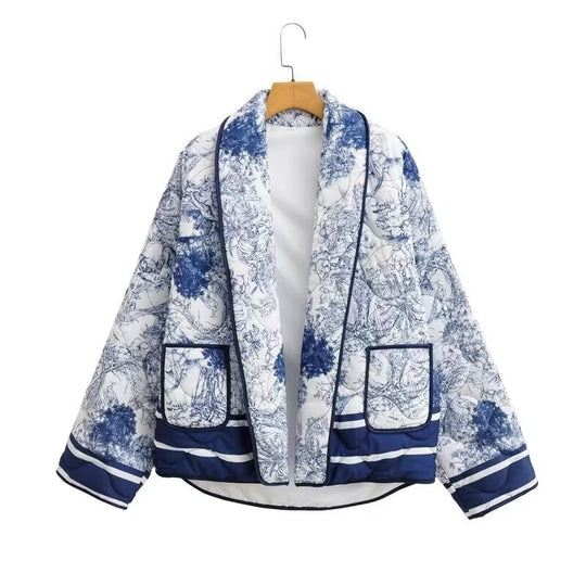 Damen leichte Steppjacke im botanischen Design mit großen Taschen EB