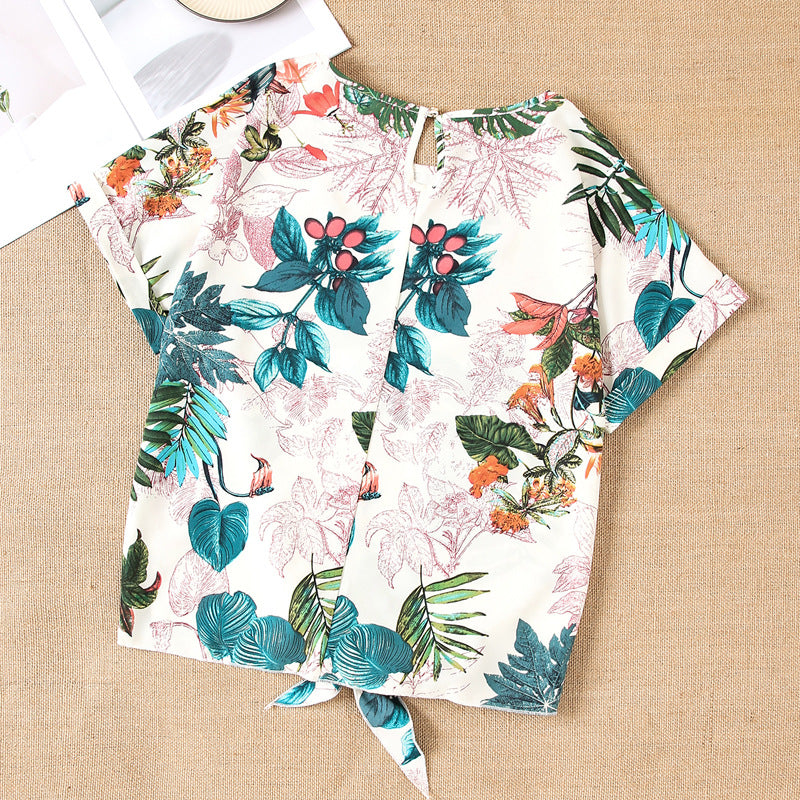 Damen Kurzarmbluse mit floralem Design und knotbarem Saum EB