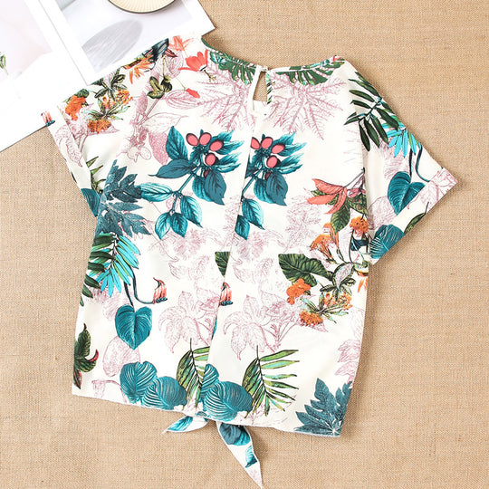 Damen Kurzarmbluse mit floralem Design und knotbarem Saum EB