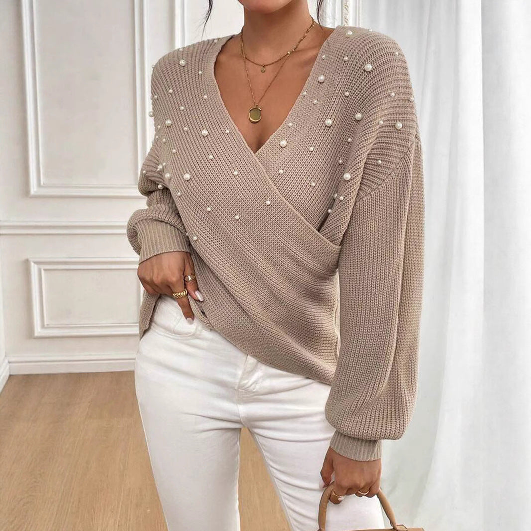 Damen offener Strickpullover mit Perlendetails EB