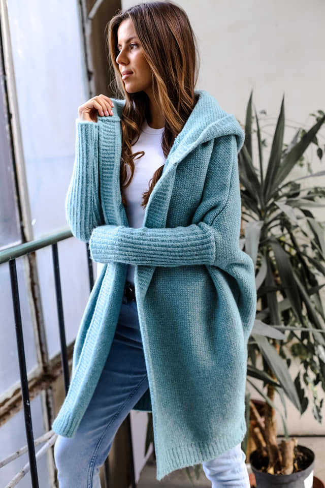 Damen kuschelige Strickjacke mit Kapuze und offenem Schnitt EB