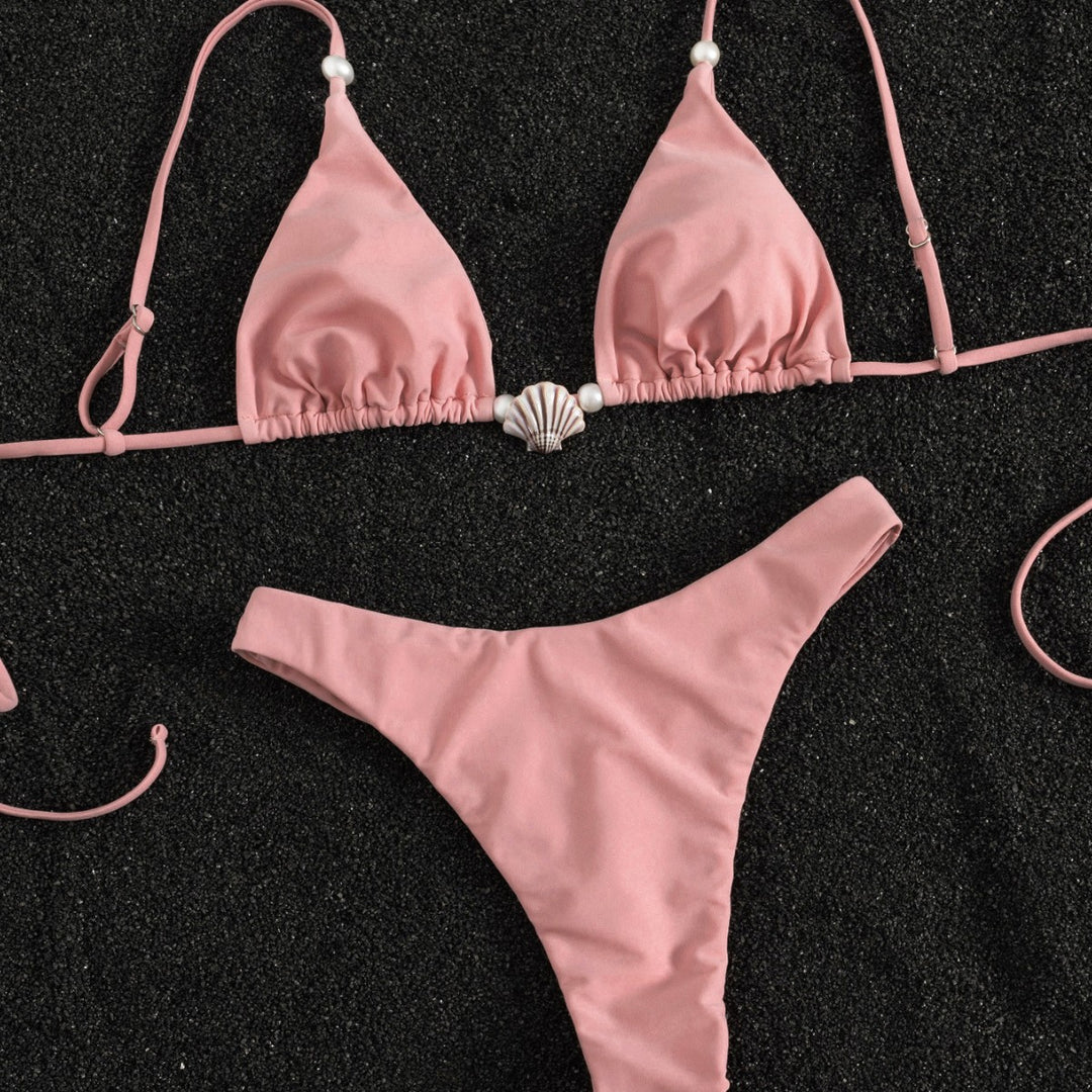 Damen Triangel-Bikini mit Muschel-Applikation und hohem Beinausschnitt EB