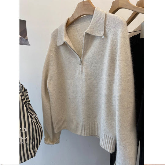Damen Kuscheliger Pullover mit Stehkragen und kurzem Reißverschluss EB