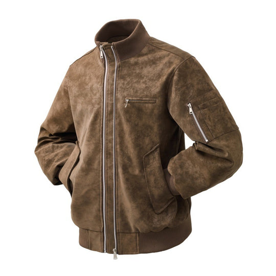 Herren Veloursleder-Optik Bomberjacke mit zweiwege-reißverschluss, Ärmel-Tasche und elastischen Rippenbündchen EB