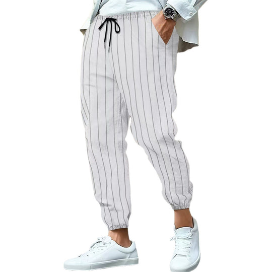 Herren nan gestreifte Leinenoptik Jogginghose mit Tunnelzug elastischem Saum und Eingrifftaschen EB