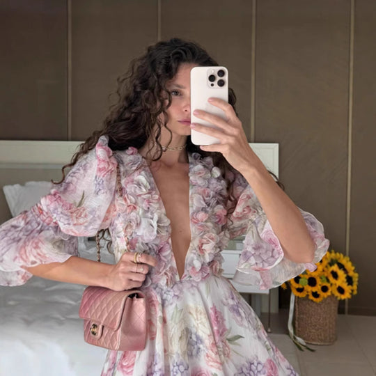 Damen Fließendes Maxikleid mit romantischen Rüschendetails und floralem Muster EB