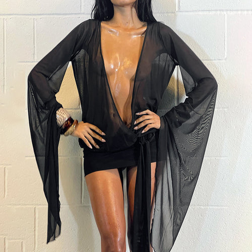 Damen Wickelbluse mit transparenten Ärmeln und figurformendem Design EB