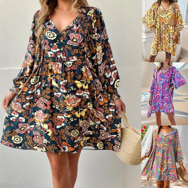 Damen lässiges Freizeitkleid mit lockerer Passform und buntem Blumendesign EB
